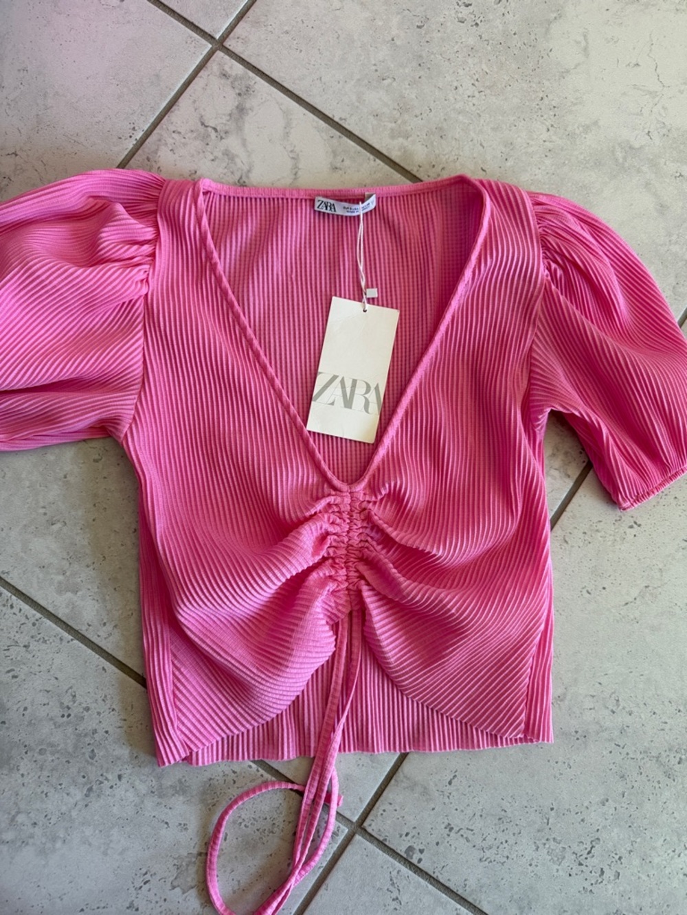 ZARA Hot Pink Ribbed Ruched V‑Neck Crop Top